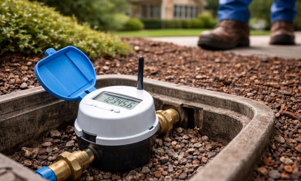 Smart water meter installed in a residential meter box as part of advanced metering infrastructure