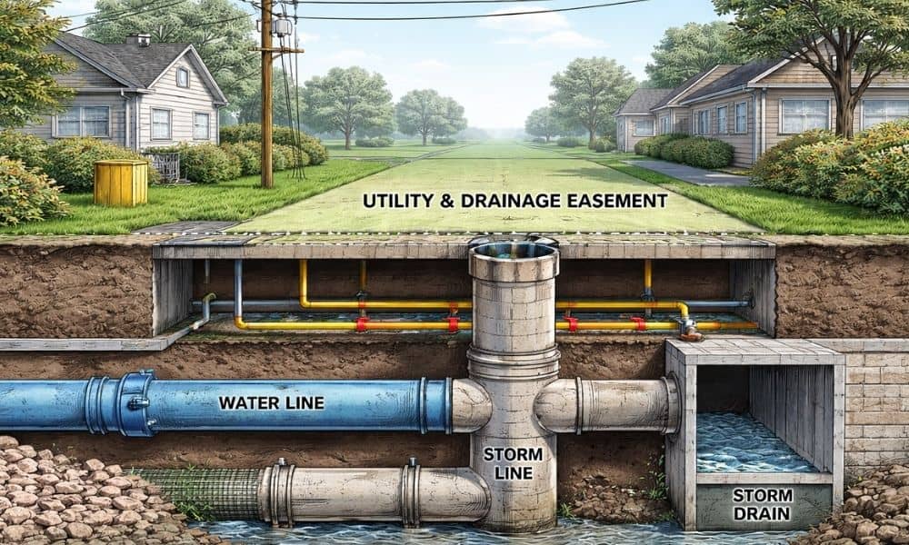 Cross section diagram showing a utility and drainage easement with underground water, sewer, and storm drainage infrastructure