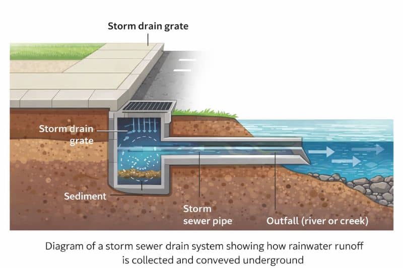 Diagram of a storm sewer drain system showing rainwater runoff collected through a street grate and conveyed underground