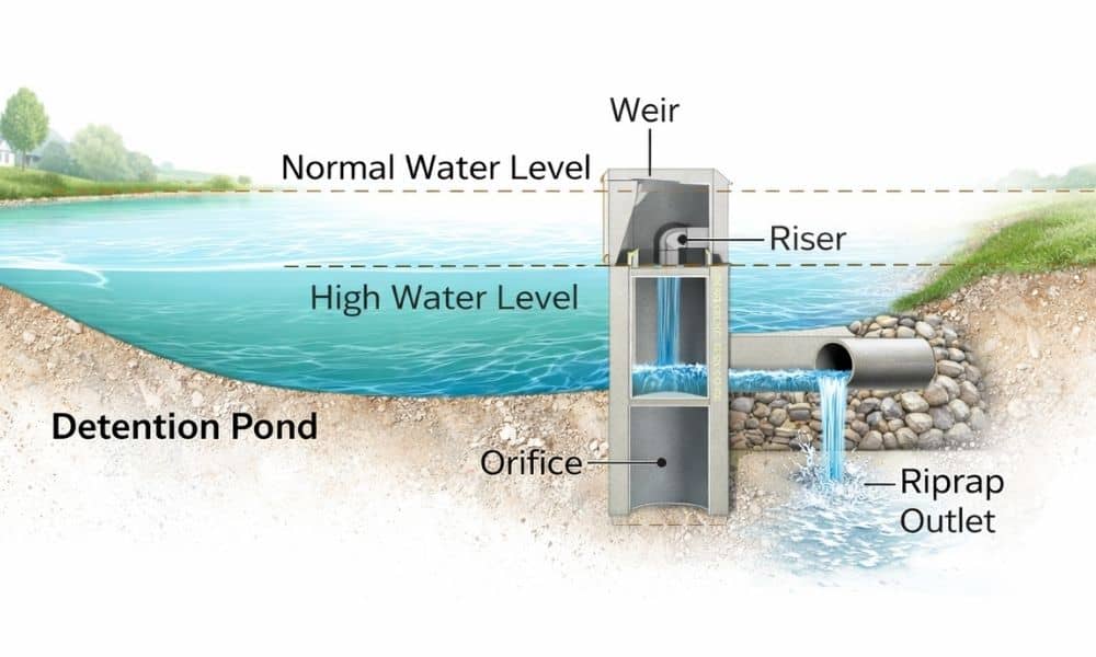 Diagram showing a detention pond outlet structure used to control stormwater release rates