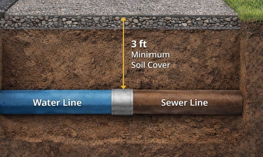 Landscape cross section diagram showing minimum soil cover depth over buried water and sewer utility lines