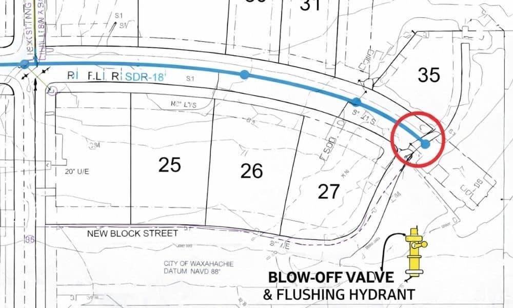 Civil engineering site plan showing a dead-end water main with labeled flushing hydrant in a subdivision layout