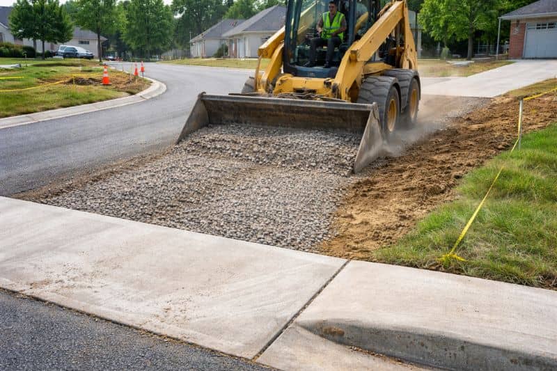 Skid steer grading a residential driveway connection to street for proper elevation and drainage control