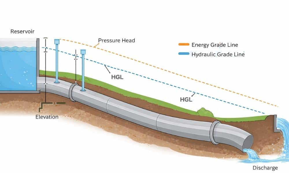 Civil engineering diagram showing the hydraulic grade line (HGL) and energy grade line (EGL) along a pipeline profile with elevation changes