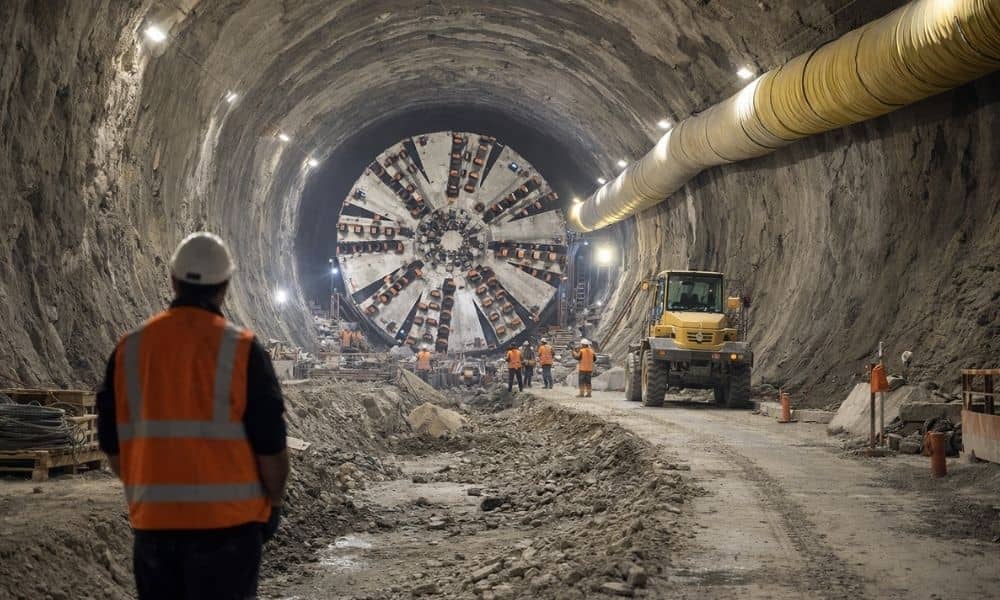 View of an underground tunnel under construction, showing a tunnel boring machine, workers in safety vests, and machinery inside the tunnel