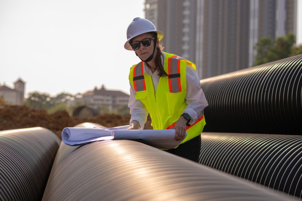 Engineer reviewing utility plans beside large underground pipe infrastructure for pipe network analysis and water system planning