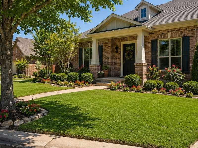  Front yard in Waxahachie featuring a well-maintained lawn, landscaped flower beds, mature trees, and a walkway leading to a residential home.

