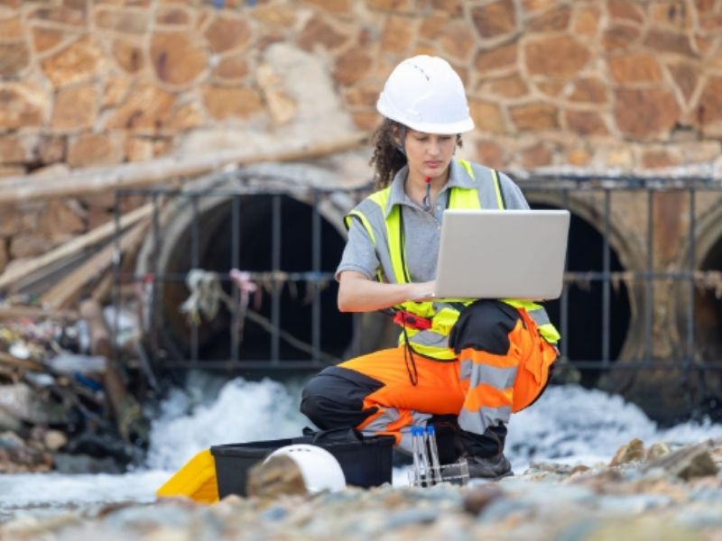Engineer analyzing stormwater flow data near a drainage channel for a hydrological transport model study