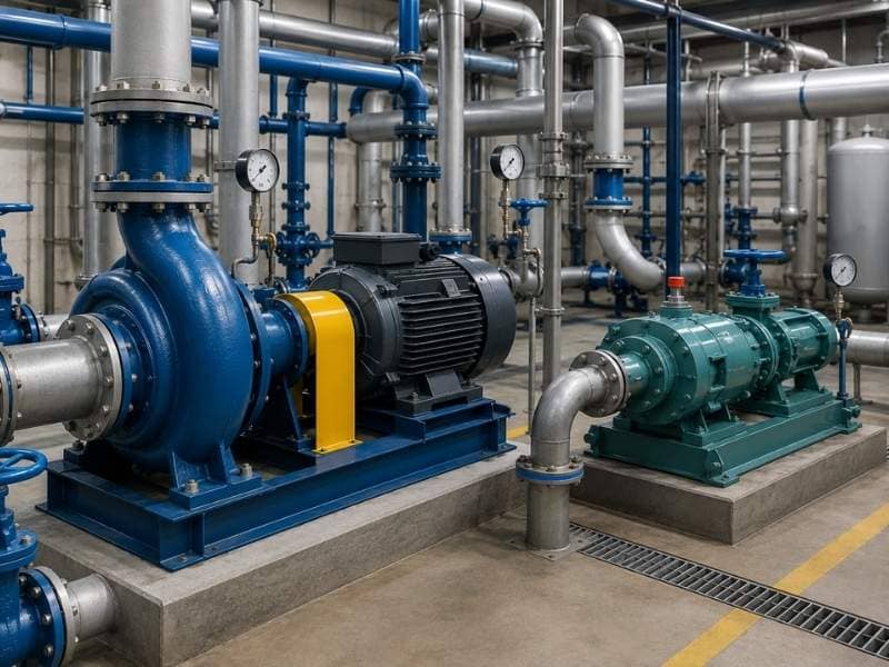 Industrial pump systems connected to pipelines and valves inside a mechanical facility for fluid transport and pressure control.