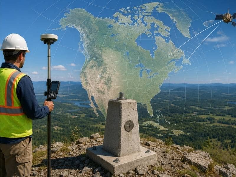 North American Datum (NAD) illustrated with a GNSS surveyor, geodetic control monument, satellite positioning, and a North America coordinate reference map.