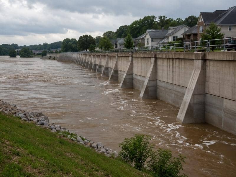 Flood management using a concrete floodwall to protect homes from rising river waters during high flood conditions.