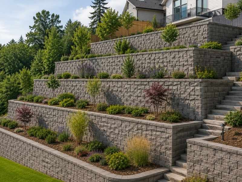 Terraced wall with multiple stepped retaining walls stabilizing a hillside and creating level landscaped spaces on a steep slope.